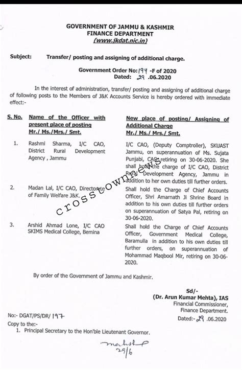 Transfers and postings of Chief Accounts Officers: Assigning of ...