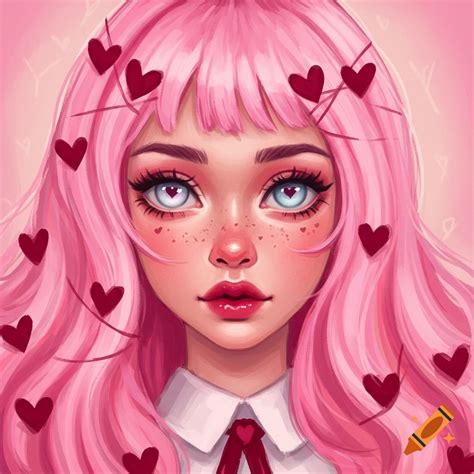 Girl with light pink hair and dark red hearts dyed in her hair, white ...