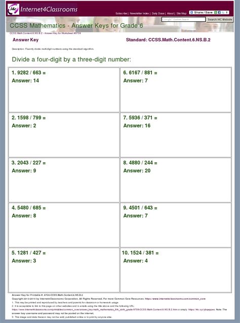 Answer Key Download - Worksheet #8708. CCSS.Math.Content.6.NS.B.2