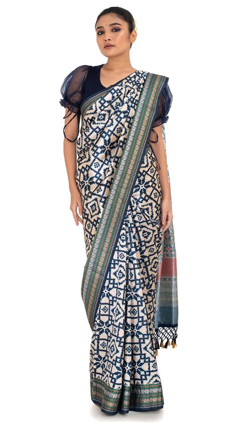 Blue Patola Silk Saree with Ikkat Pattern – Drape Divaa