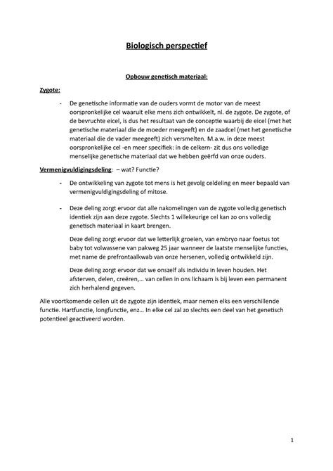 Samenvatting Psycho - Biologisch perspectief Opbouw genetisch materiaal: Zygote: De genetische ...