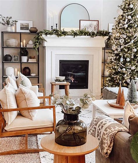 White Holiday Fireplace In Wood-Toned Living Room - Soul & Lane