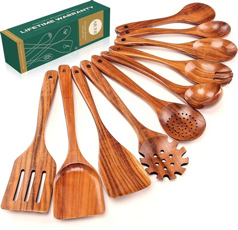 Amazon.com: AIUHI Wooden Kitchen Utensils Set, No Scratch Wood Spatula ...