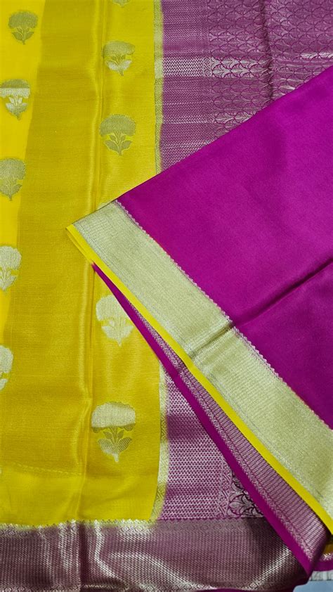 Mysore silk saree KSIC Finish in yellow with pink buttas pattern ...