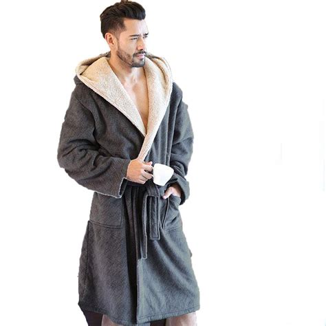 Men's Bathrobe Velvet Hooded Warm Long Comfort for Winter Light gray M ...