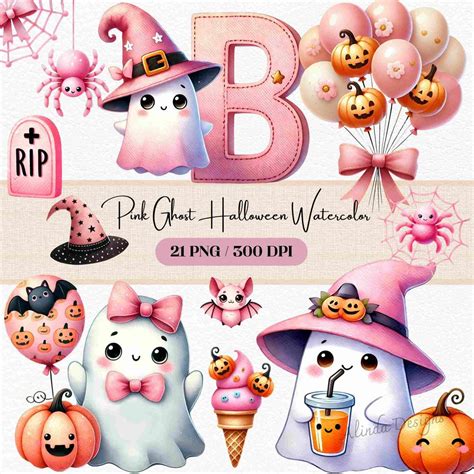 Whimsical Pink Ghost Watercolor Clipart, Halloween Art (digital ...