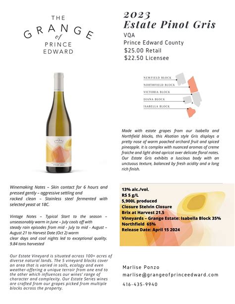Tech Sheets — Grange of Prince Edward Winery