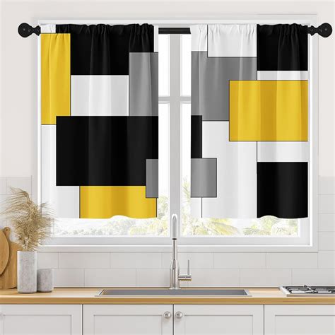 Amazon.com: Tayney Yellow Kitchen Curtains 36 Inch Length Black Grey ...