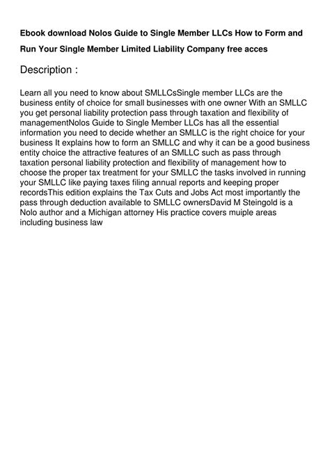 PPT - Ebook download Nolos Guide to Single Member LLCs How to Form and ...