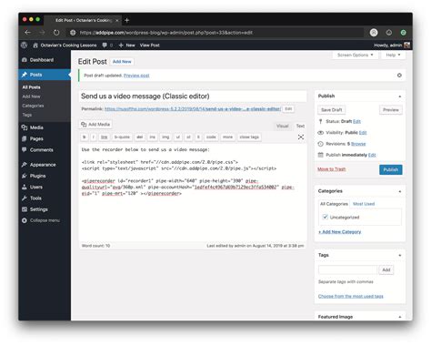 Adding The Pipe Video Recorder to WordPress Posts & Pages