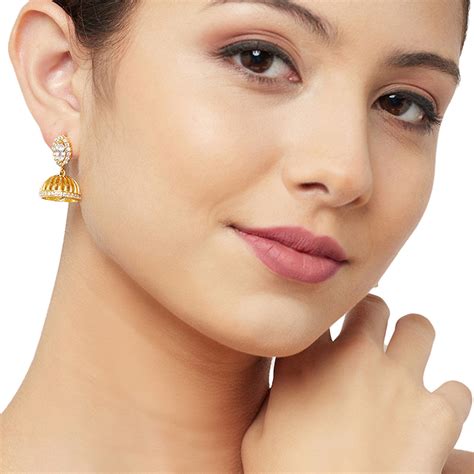 American Diamond CZ Traditional Gold Plated White Brass Jhumka Earring ...