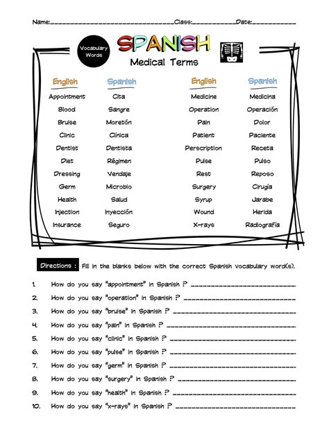 Spanish Medical Terms Vocabulary Word List Worksheet & Answer Key ...