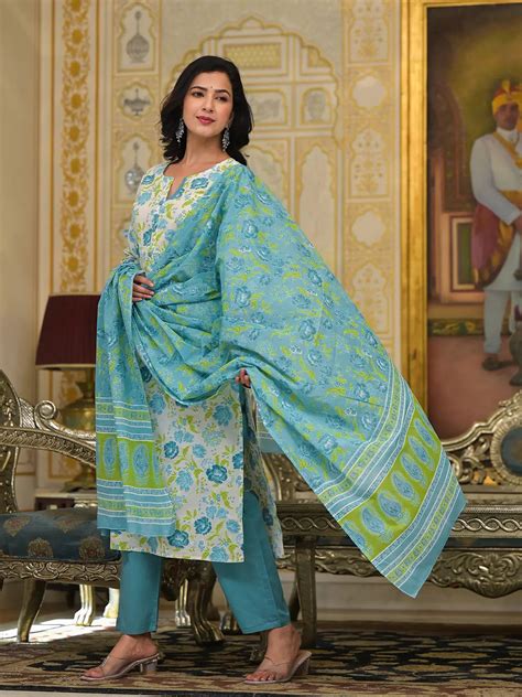 Teal Green Floral Print Straight Button Show On Yoke Kurta Trouser And ...