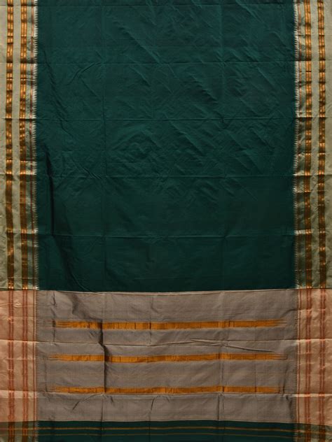 Dark Green and Cream Narayanpet Silk Handloom Plain Saree with Traditi ...