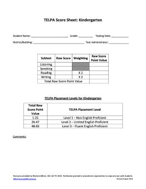 Fillable Online TELPA Score Sheet Kindergarten Fax Email Print - pdfFiller