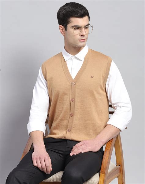 Buy Men Beige Solid V Neck Sleeveless Cardigan Online in India - Monte ...