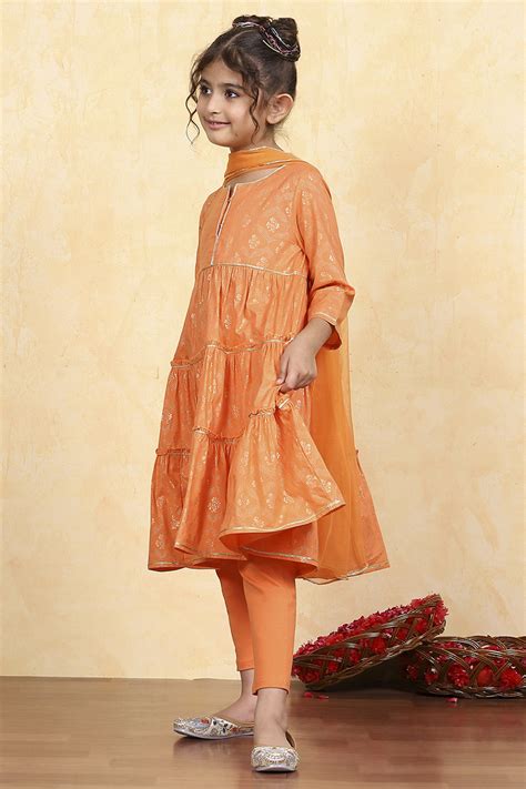 Buy Orange Cotton Tiered Printed Kurta Churidar Set Online at Biba India