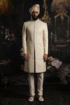 Buy Ivory Silk Embroidered Leaves Zari Sherwani Set For Men by Punit ...