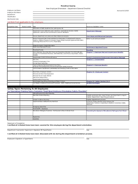 Fillable Online New Employee Orientation - Department General Checklist ...