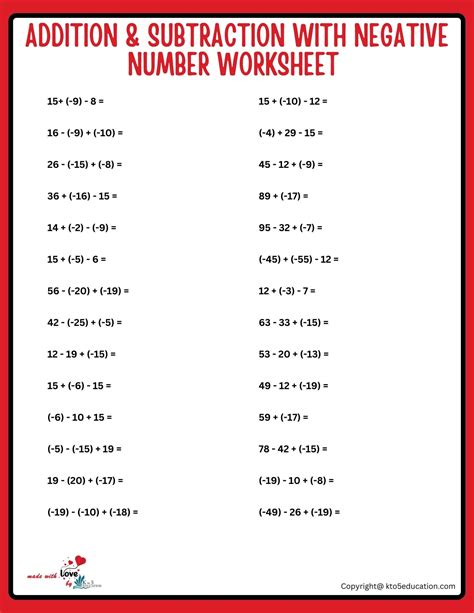 Addition and Subtraction of Negative and Positive Numbers Worksheets
