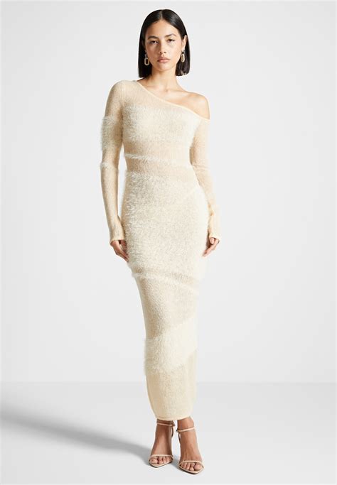 Off Shoulder Knitted Midi Dress - Beige | Manière De Voir