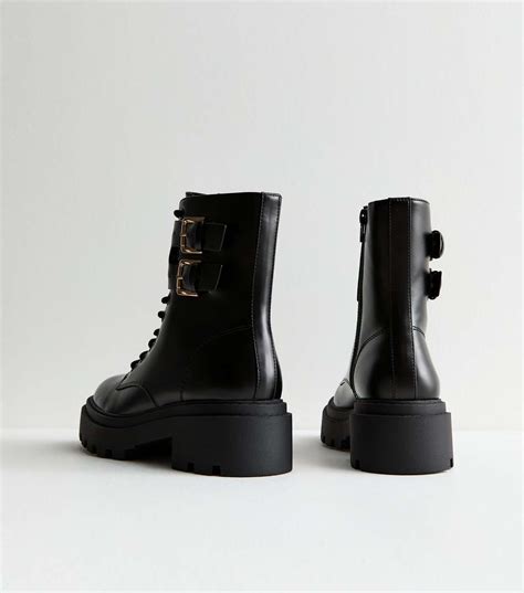 Black Leather-Look Lace Up Chunky Boots | New Look