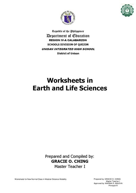 Worksheets in Earth and life science | Lecture notes Earth science ...