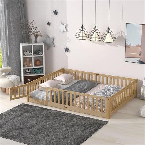 LostCat Queen Size Floor Bed Frame with Fence and Door Design, Wood ...