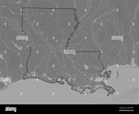 Louisiana, state of United States of America. Bilevel elevation map with lakes and rivers Stock ...