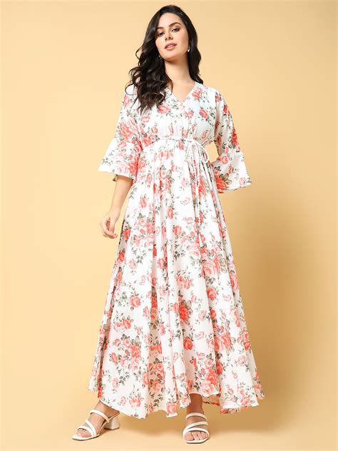 Beautiful Women's Orange Floral Printed Bell Sleeves Fit | Showoffff