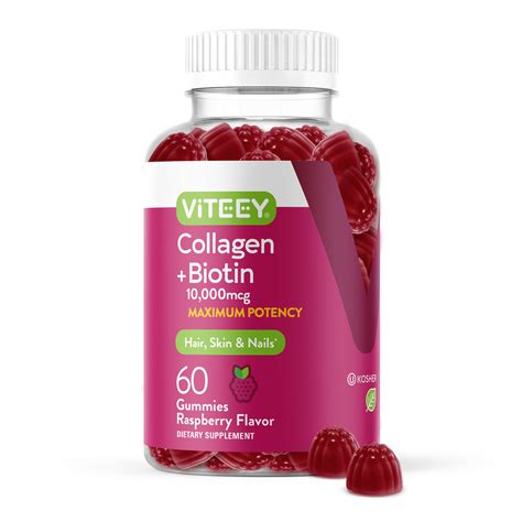 VITEEY Collagen and Biotin Gummies, Hair Skin and Nails, Raspberry Flavor, 60 Count, 1 Pack ...