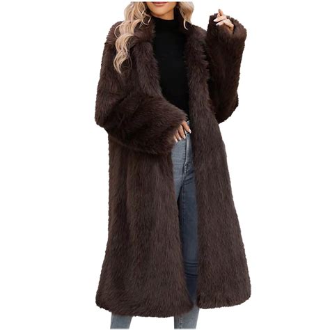 Women's Luxury Long Fluffy Faux Fur Coats, Lapel Shaggy Furry Winter ...