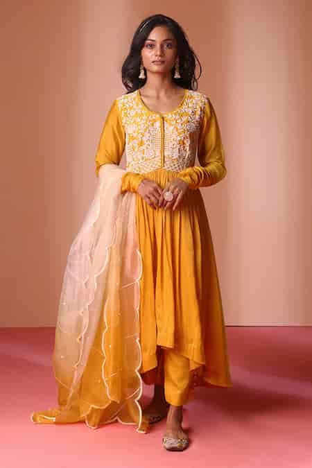 Buy Yellow Chanderi Silk, Organza, Cotton Crystals Round High-low ...