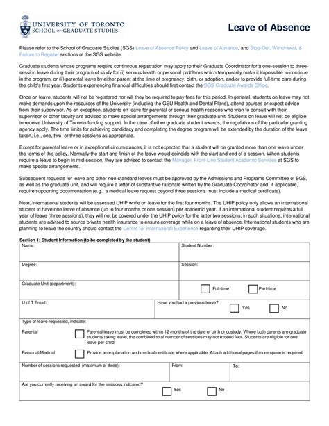 DA Form for Leave Absence - Student Graduate Students