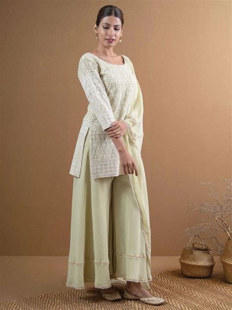 Buy Green Embroidered Georgette Straight Kurta With Palazzos & Dupatta ...