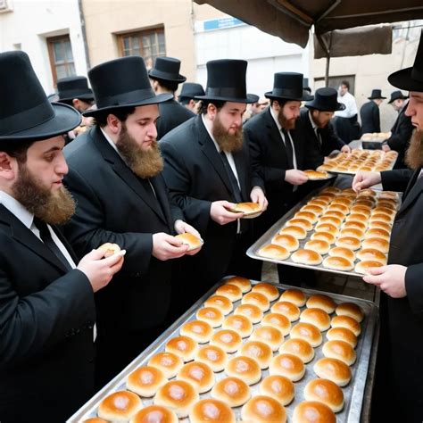 Dozens of fat orthodox Jews with hats and suits are...