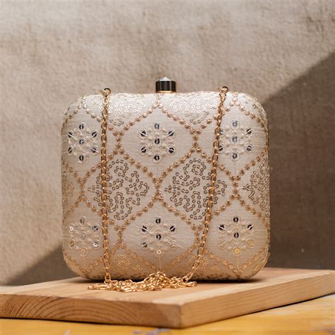 Off White Multipattern Sequins Embroidery Clutch - Artklim