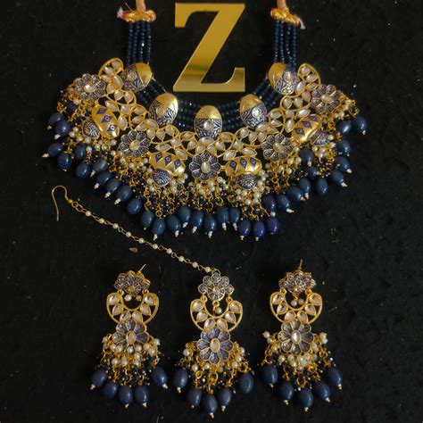 ZEVAR I Meenakari Choker Necklace With Earrings And Maangtika – Zevar