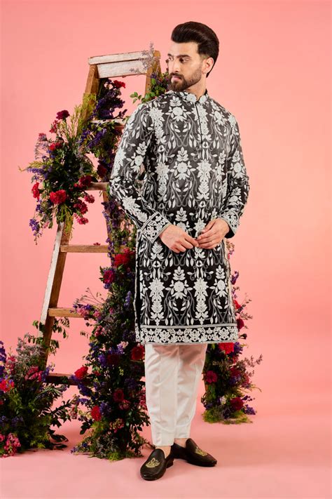 grey- black ombre shaded floral chikankari kurta