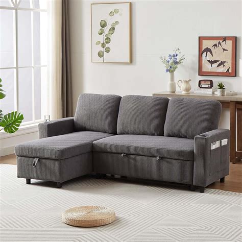 Reversible Sleeper Sectional Sofa Bed, Convertible Corduroy L-Shaped ...