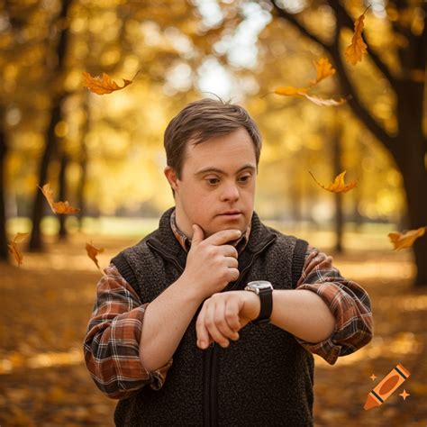 A man with Down syndrome looks intently at his wrist watch in an autumn ...