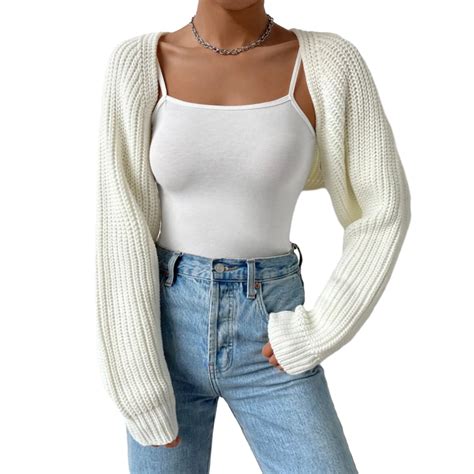 Women's Open Front Cropped Cardigan Long Sleeve Solid Color Ribbed Knit ...