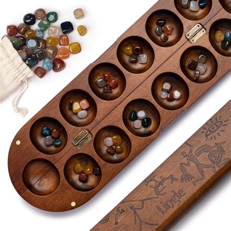 Deluxe Mancala Set: Real Wood Hinged Board with 48 Mixed Natural ...