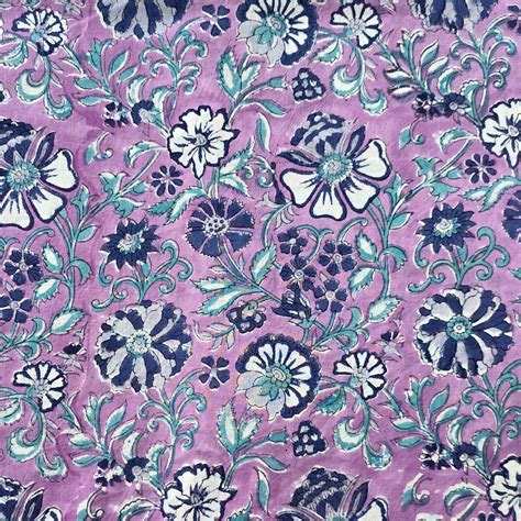 Pure Cotton Jaipuri Purple With Blue Flower Jaal Hand Block Print Fabr ...