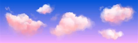 Pink soft fluffy clouds on violetblue gradient sky realistic vector ...