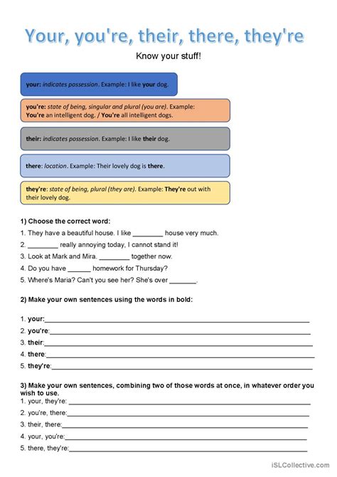 Their, there, they're, your, you're: English ESL worksheets pdf & doc