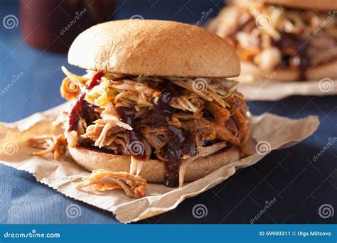 Homemade Pulled Pork Burger with Coleslaw and Bbq Sauce Stock Image ...