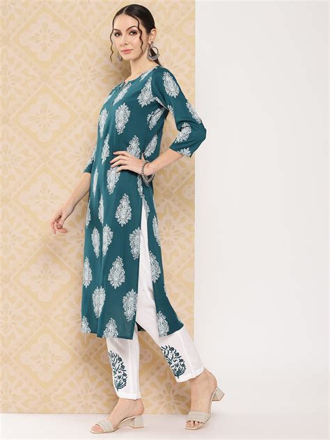 Teal Women Ethnic Motifs Printed Regular Kurta with Trousers – Yufta Store