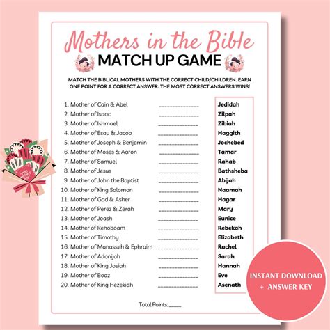 Mothers in the Bible Mother's Day Match up Game, Printable Mother's Day ...