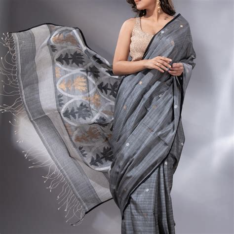 Grey Tussar Cotton Handwoven Jamdani Saree with Black Border – Tamal ...